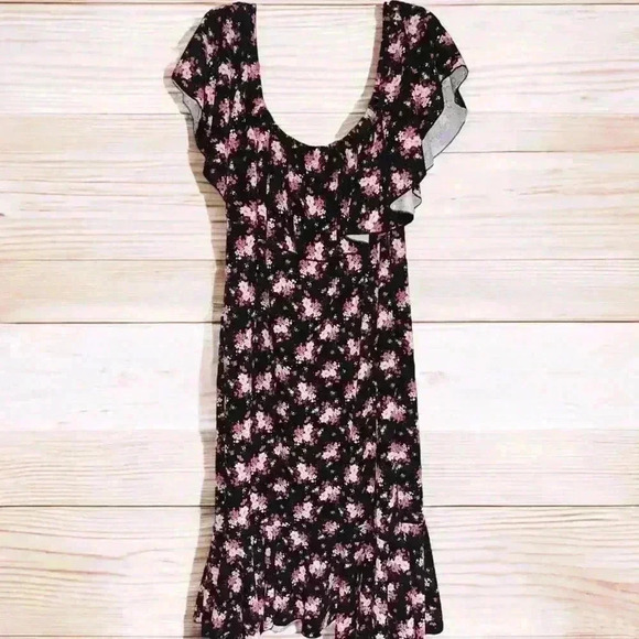 LuLaRoe Black Floral Ruffled Off The Shoulder Flounce Stretchy Medi Dress 3XL - Picture 9 of 9